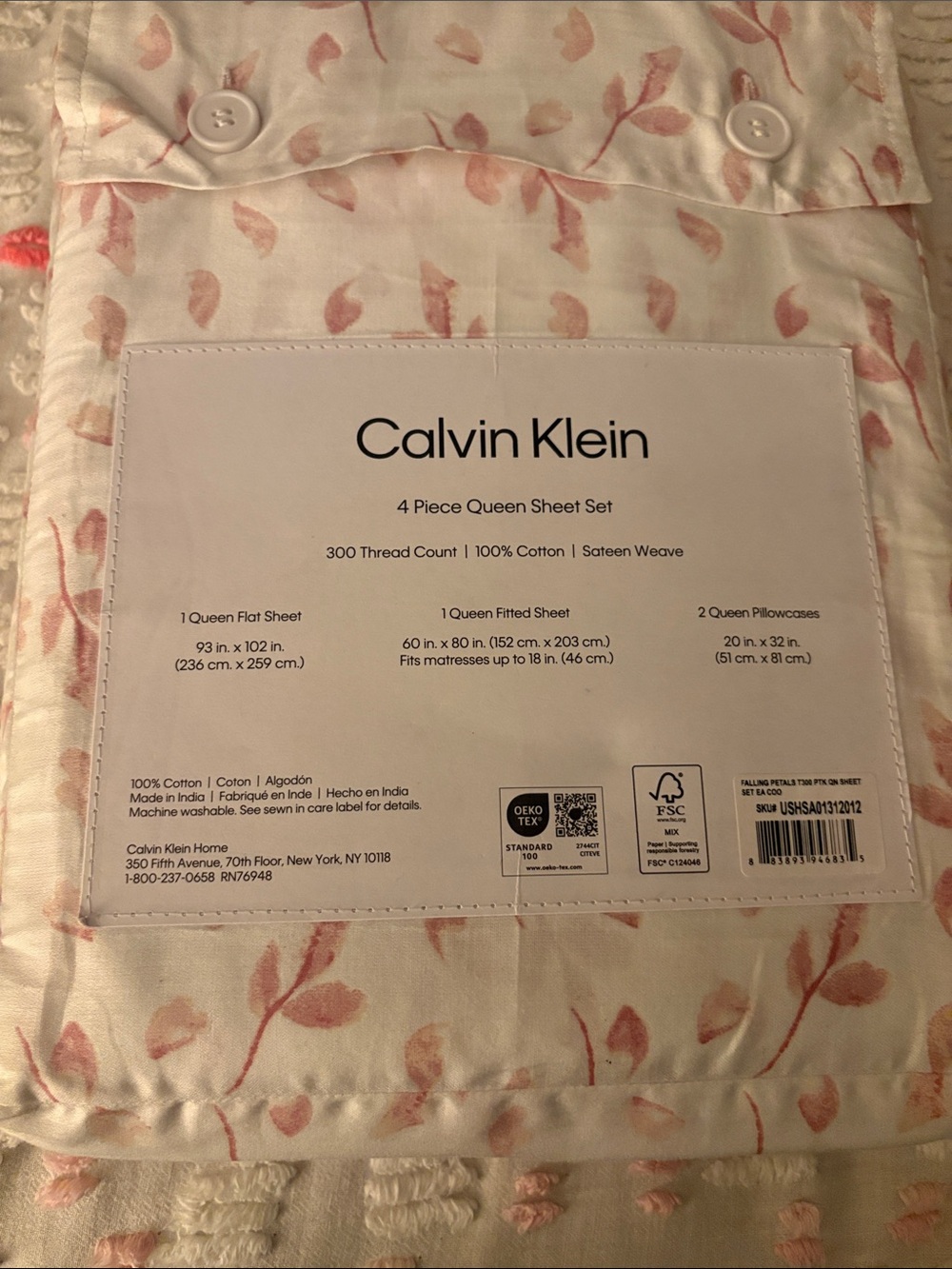 Calvin Klein Petal-Print Queen Sheet Set in Light Pink on White
